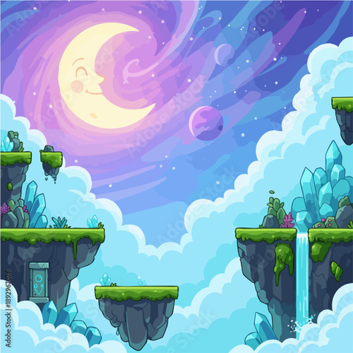 Fantasy Moonlit Floating Islands Game Background with Clouds and Crystals