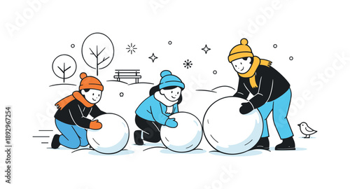 Building a Snowman. Building a snowman. People rolling snowballs together in a winter park. Playful teamwork and seasonal joy. Minimalist flat vector