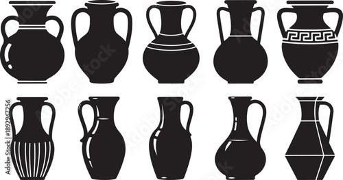 Ancient Vase Icon Set, Ceramic Pottery and Amphora Black Silhouette Vector Collection