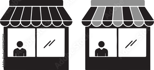 Storefront Icon Set – Black and Gray Retail Shop Graphics for Business and E-commerce