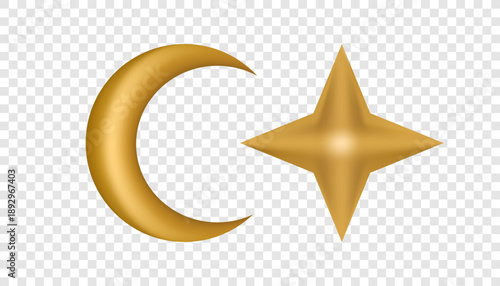 Ramadan themes icons in 3d style. Vector isolated crescent moon, star. Festive web graphics and religious holiday materials, mobile applications and cards, banners and educational designs.