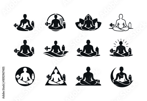 Mindfulness Logo Variations. A person practicing mindfulness and relaxation after a workout session. Icon set. Set Logo of A person practicing mindfulness and