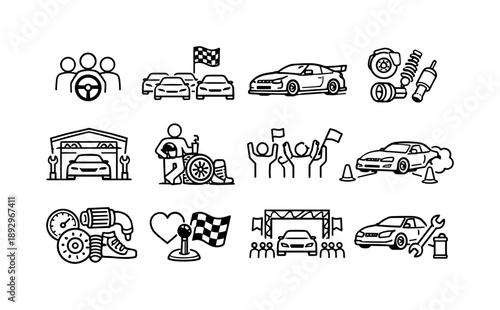 Drift Racing Icons. Drift racing culture. Line icon set of Drift racing culture: drift community, car meet, tuned car, aftermarket parts, racing garage, drift