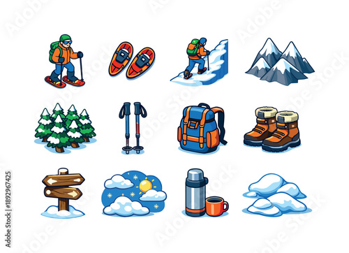 Alpine Snowshoeing Icons. Alpine snowshoeing. Colorful isometric vector icons set of alpine snowshoeing: alpine hiker, snowshoes, steep snowy trail, mountain