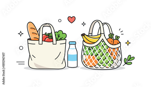 Eco-Friendly Shopping Bags. Reusable grocery bags concept. Simple fabric bags with food items like bread and produce visible inside, showing responsible
