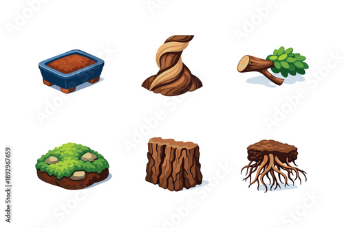 Bonsai Icon Set. Bonsai Tree Close-Up. Isometric flat vector icons set of Bonsai Tree Close-Up: miniature bonsai pot, twisted trunk detail, pruned branch tip,
