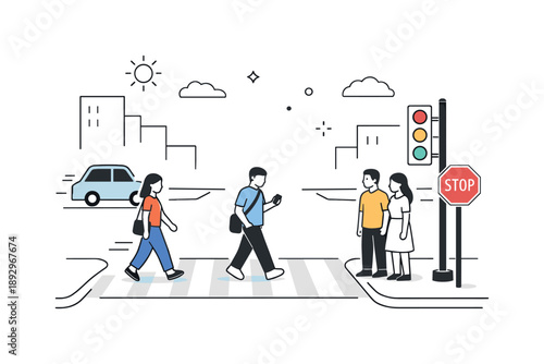 Minimalist Urban Intersection. Urban intersection moment. A simplified intersection with crosswalk lines, stoplight, and minimal building shapes in the