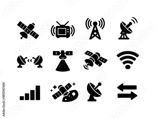 Telecommunication Satellites Icons. Telecommunication Satellites. Solid icon set of Telecommunication Satellites: broadcast satellite, tv signal waves, radio