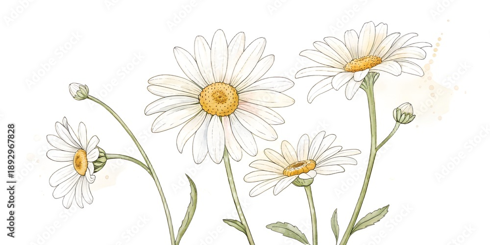 Fototapeta premium watercolor daisy flowers, creamy white petals and warm yellow centers, delicate ink line art, soft pastel tones, botanical hand illustrated style, light paper texture, gentle paint splashes, cottage g