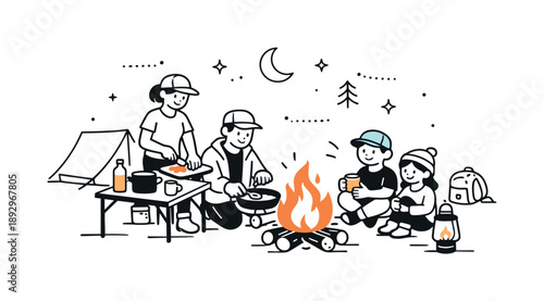 Evening Campfire Serenity. Evening campfire routine. Parents preparing food while children sit nearby, gentle teamwork and calm rhythm of camping life at