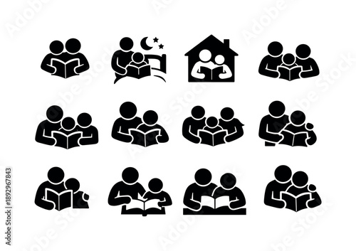 Family Reading Icons. Family reading support. Solid icon set of Family reading support: parent child reading, bedtime story, home learning, shared book time,