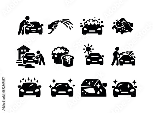 Weekend Car Wash Icons. Weekend car wash. Solid icon set of weekend car wash: casual car cleaning, hose spray water, soap bubbles, sponge wipe car, driveway