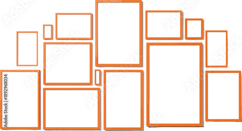 Orange rectangular frame collection in portrait and landscape formats arranged symmetrically for gallery wall and design planning