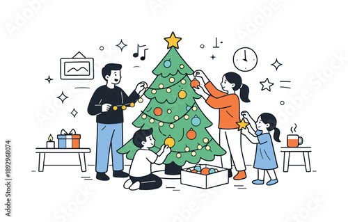 Family Christmas Decorating. Family decorating Christmas tree at home. Family gathered in a cozy living room hanging lights and ornaments, calm festive