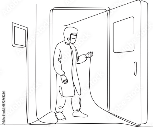 A man in a lab coat entering a room, holding a device, from a doorway