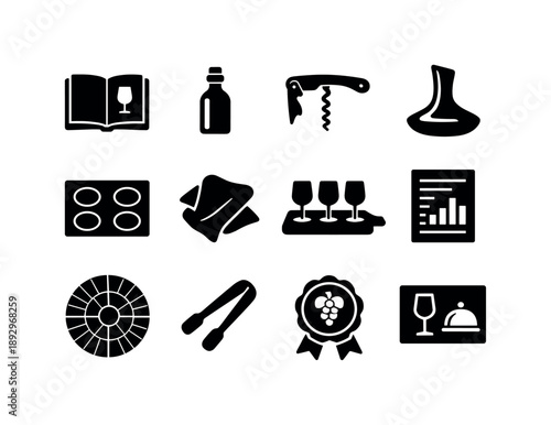 Sommelier Tools Icons. Sommelier tools. Solid icon set of sommelier tools: tasting notebook, aroma vial, wine key, decanter, tasting mat, glass polishing