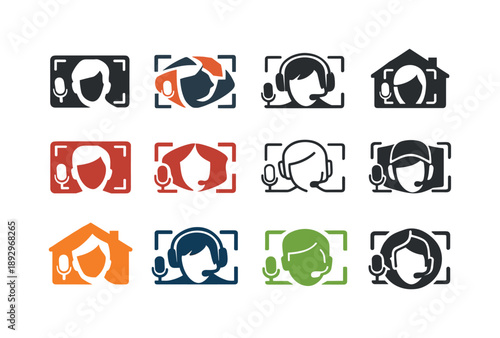 Vlog Logo Variations. Recording a vlog at home. Icon set. Set Logo of Recording a vlog at home: face close-up inside recording frame. harmonious logo