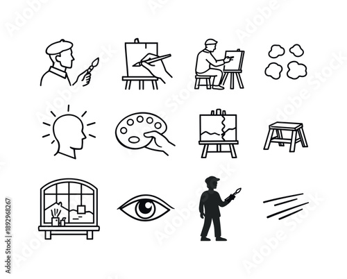 Artist Icon Set. Artist at Work. Line icon set of Artist at Work: painter with brush, hand on easel, seated artist, paint dabs, concentration icon, hand