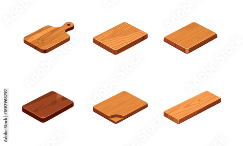 Isometric Kitchen Craftsmanship. Kitchen craftsmanship. Isometric flat vector icons set of kitchen craftsmanship: handcrafted cutting board, wood grain texture