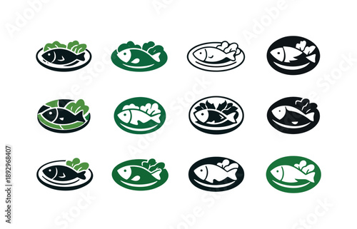 Balanced Meal Logos. Eating a balanced meal. Icon set. Set Logo of Eating a balanced meal: plate with fish and greens. harmonious logo variations of the same