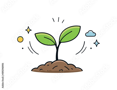 Seedling Growth Illustration. Plant growth and seedlings illustrations. A young seedling sprouting from soil, gentle motion lines showing upward growth and a