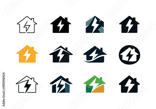 Smart Home Energy Icons. Smart home energy systems. Icon set. Set Logo of smart home energy systems: house with energy bolt. harmonious logo variations of the