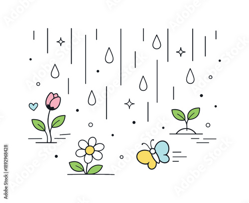 Spring Rain Renewal. Abstract first rain of spring. Soft vertical lines and rounded shapes suggesting falling rain mixed with budding spring symbols. Clean