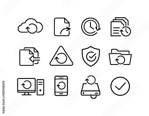 Restore Icons Grid. Restore Files. Line icon set of Restore Files: cloud restore arrow, file recovery, rollback clock, version history, previous file copy,
