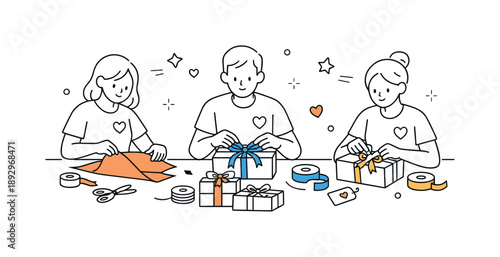 Gift Wrapping Volunteers. Volunteers wrapping donation gifts. A small group folding paper and tying ribbons, focused hands and warm atmosphere of kindness.