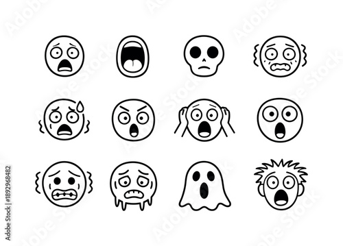 Horror Emotion Icons. Horror emotion. Line icon set of Horror emotion: terrified face, screaming mouth, hollow eyes, shaking cheeks, fear sweat, shock brows,