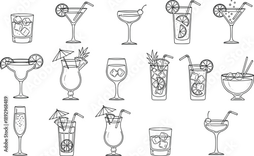 Black and white line of various cocktail glasses with garnishes martini glasses highball glasses wine glasses
