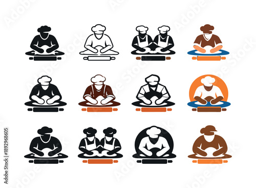 Baker Logo Variations. A baker kneading dough by hand on a flour-covered surface. Icon set. Set Logo of a baker kneading dough by hand on a flour-covered