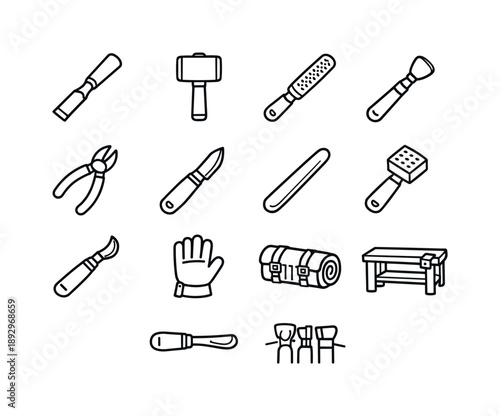 Sculpting Tools Icons. Sculpting tools. Line icon set of Sculpting tools: chisel, mallet, rasp tool, loop tool, wire cutter, carving knife, smoothing stick,