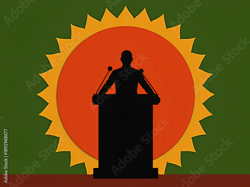 Speaker silhouette at podium with sunburst graphic, with copy space