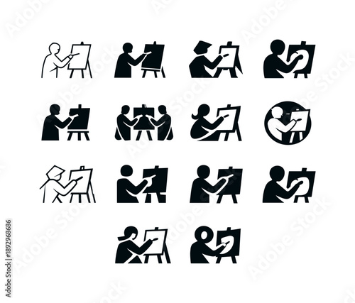 Creative Icons Grid. Inspired individuals engaged in creative processes (art, writing, music). Icon set. Set Logo of inspired individuals engaged in creative