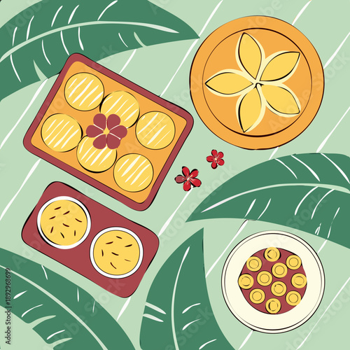 Top view of food items on table with tropical green leaves background