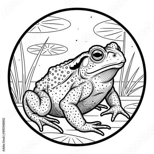 A detailed line art toad sits inside a round frame with lily pads and grass.Isolated transparent background ( include cut-out PNG file ).