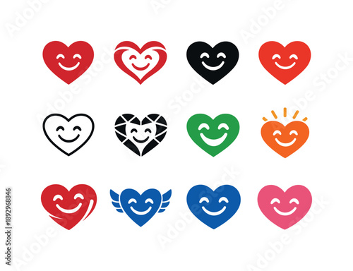Joyful Moment Logos. A person experiencing a joyful moment, smiling and laughing with others. Icon set. Set Logo of joyful moment: heart with smiling face.