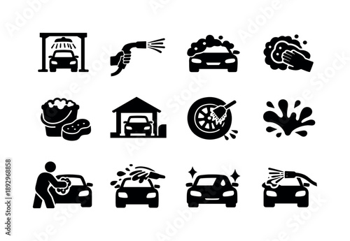 Outdoor Car Wash Icons. Outdoor car cleaning. Solid icon set of outdoor car cleaning: vehicle wash scene, hose water spray, foamy car surface, sponge scrub,