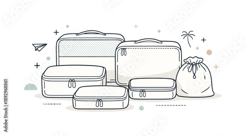 Minimalist Packing Cubes. Packing cubes neutral. A set of packing cubes neatly arranged on a flat surface, soft fabric shapes and subtle zippers visible. Calm