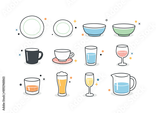 Minimal Tableware Icons. Tableware flat icons. Plates, bowls, cups, and glasses shown as simple vector icons with consistent proportions. Clean dining concept