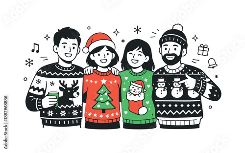 Ugly Sweater Celebration. Friends attending ugly sweater party. Friends standing together wearing colorful patterned sweaters and smiling. Lighthearted humor