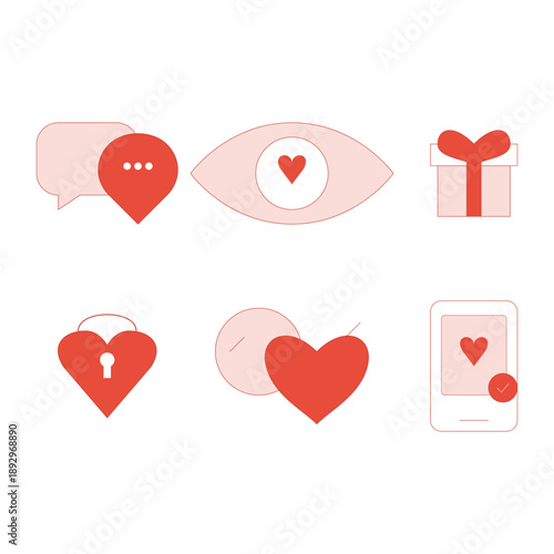 Modern love and digital connection vector icon set. Flat heart symbols for dating apps and romance.