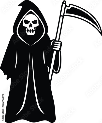 Grim reaper silhouette holding a sharp scythe in black robes isolated on white for halloween and horror themed graphic design projects.