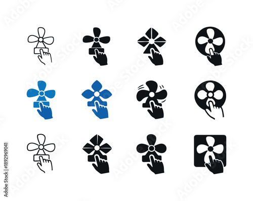 Fan Icon Variations. Turning on a fan. Icon set. Set Logo of turning on a fan: hand pressing fan switch. harmonious logo variations of the same emblematic