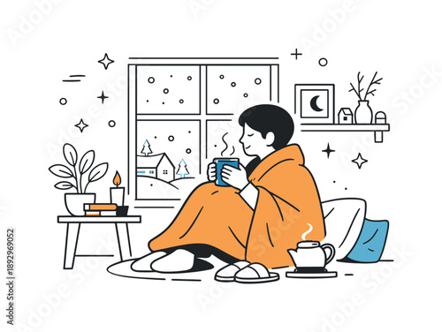 Cozy Winter Retreat. Cozy winter atmosphere. A warm interior scene with a person sitting by the window, wrapped in a blanket and holding a hot drink. Snow