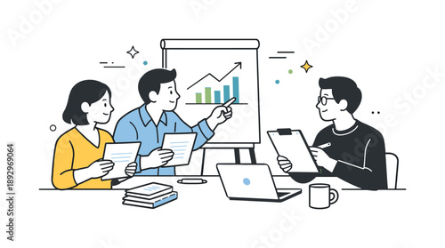 Collaborative Meeting Planning. Business meeting planning. Team members reviewing documents and pointing at a simple chart. Focused work atmosphere and shared