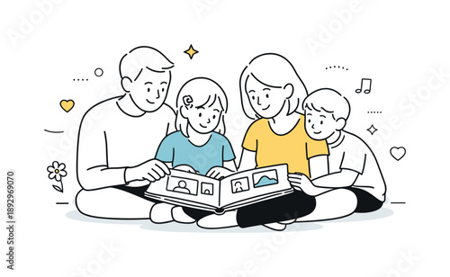 Family Album Nostalgia. Nostalgic family moment. A family calmly looking through an album and enjoying past memories. Emotional closeness and comfort captured