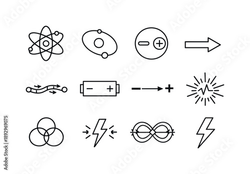 Electron Movement Icons. Electron Movement. Line icon set of Electron Movement: atom diagram, electron orbit, electric charge sign, flow direction arrow, wire