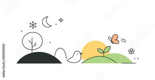 Spring's Gentle Transition. Seasonal transition. Rounded shapes, gentle curves, and minimal line details forming a balanced abstract composition. The scene